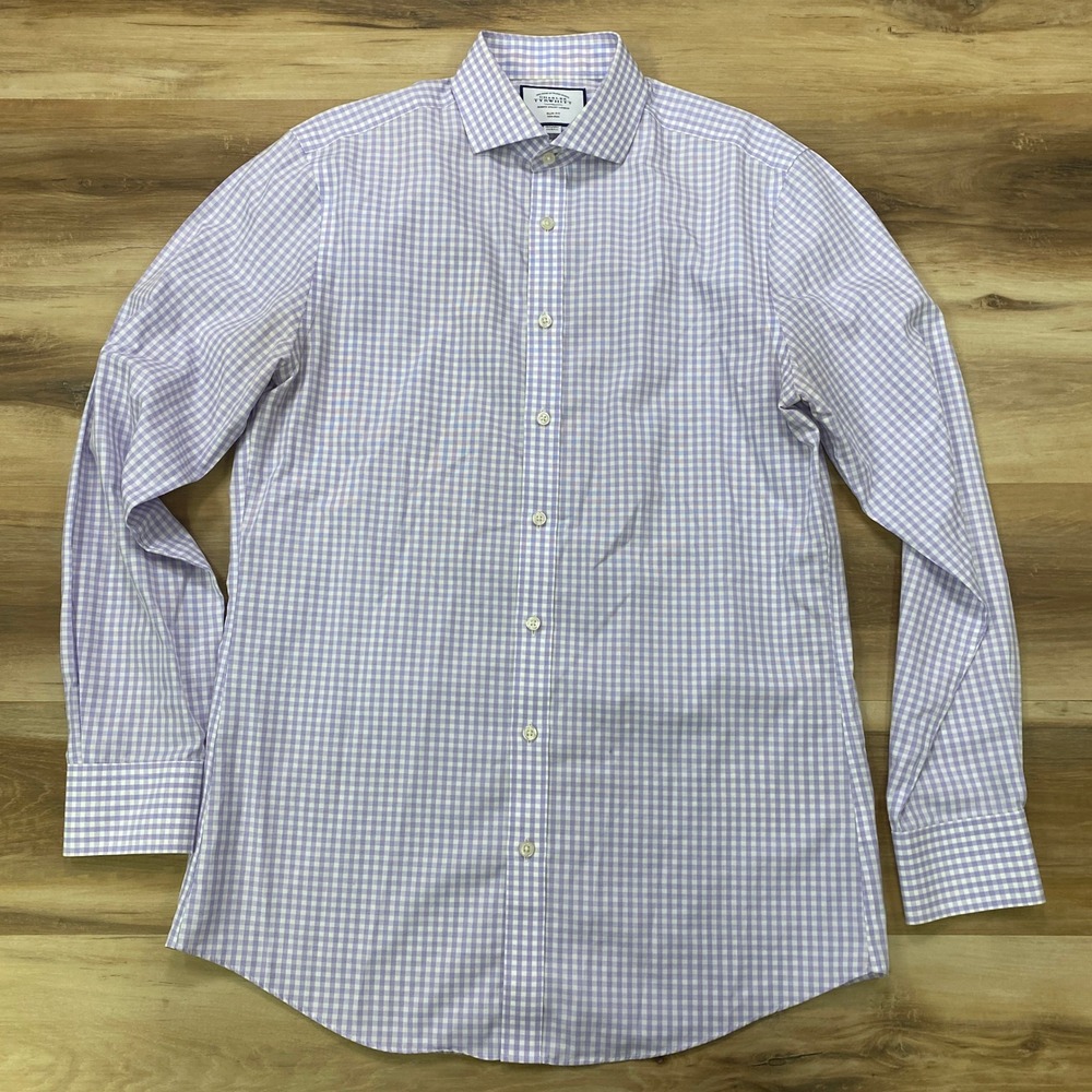 Charles Tyrwhitt Dress Shirt 15.5/35 Gingham Cotton Slim Fit Purple White